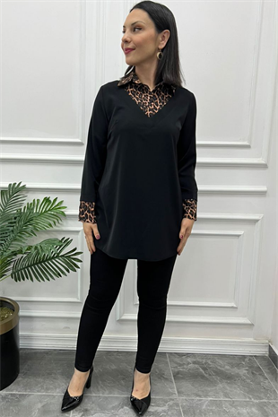 Büyük Beden Leopar Yaka Siyah Gömlek