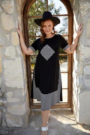 Büyük Beden Siyah Beyaz Çizgili Elbise