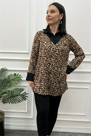 Büyük Beden Siyah Yaka Leopar Gömlek