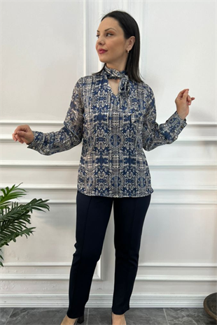 Büyük Beden Yaka Bağlamalı Astarlı Bluz