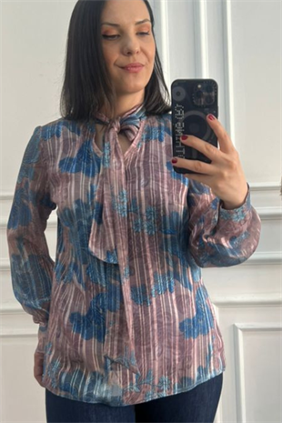 Büyük Beden Yaka Bağlamalı Astarlı Bluz