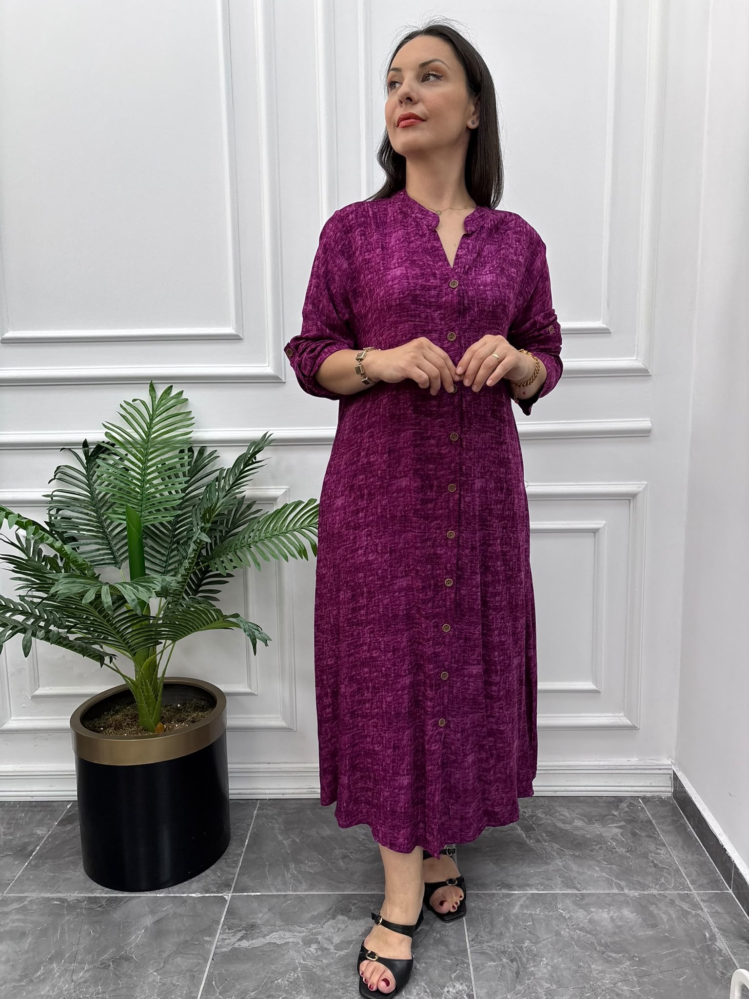 Batik Desenli Fuşya Gömlek Elbise