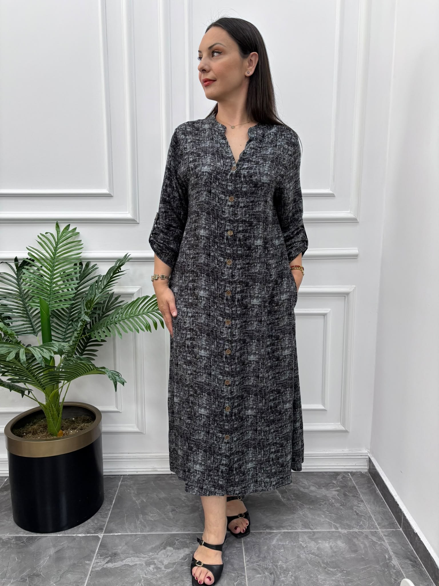 Batik Desenli Gri Gömlek Elbise 