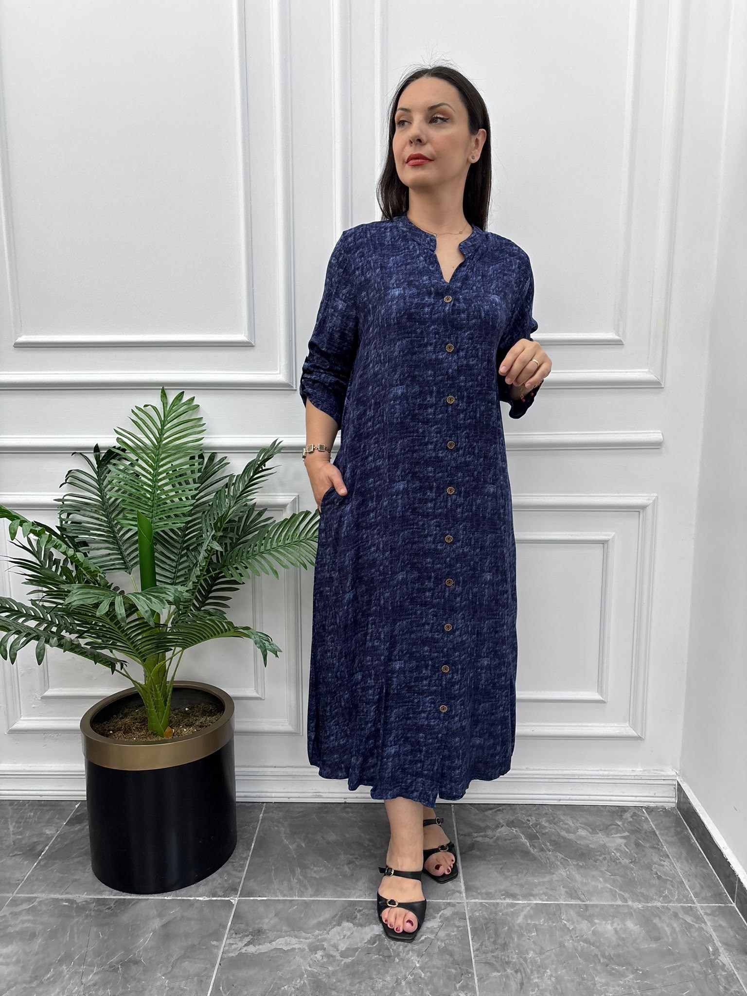 Batik Desenli Lacivert Gömlek Elbise