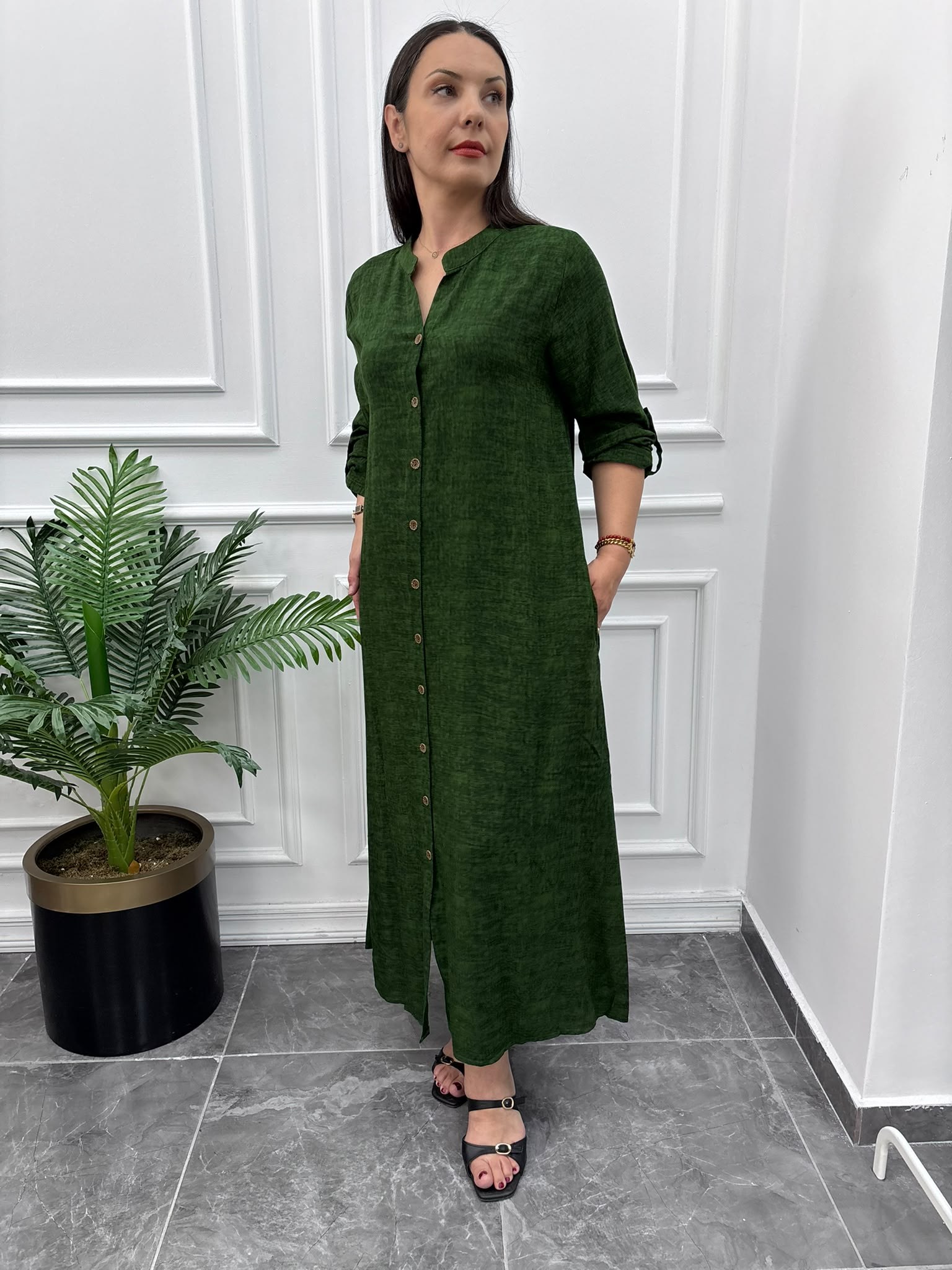Batik Desenli Yeşil Gömlek Elbise