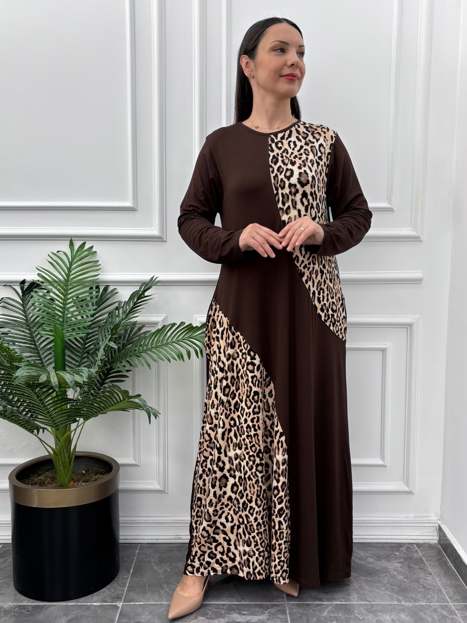 Büyük Beden Asimetrik Leopar Desen Elbise