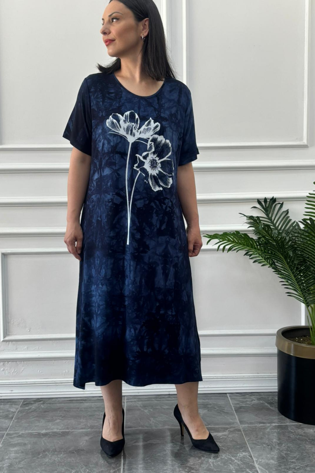 Büyük Beden Çiçek Desenli Batik Elbise