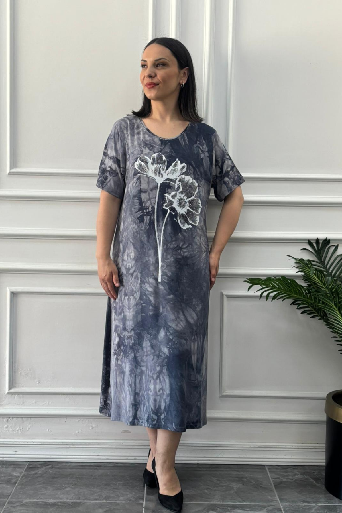 Büyük Beden Çiçek Desenli Batik Elbise