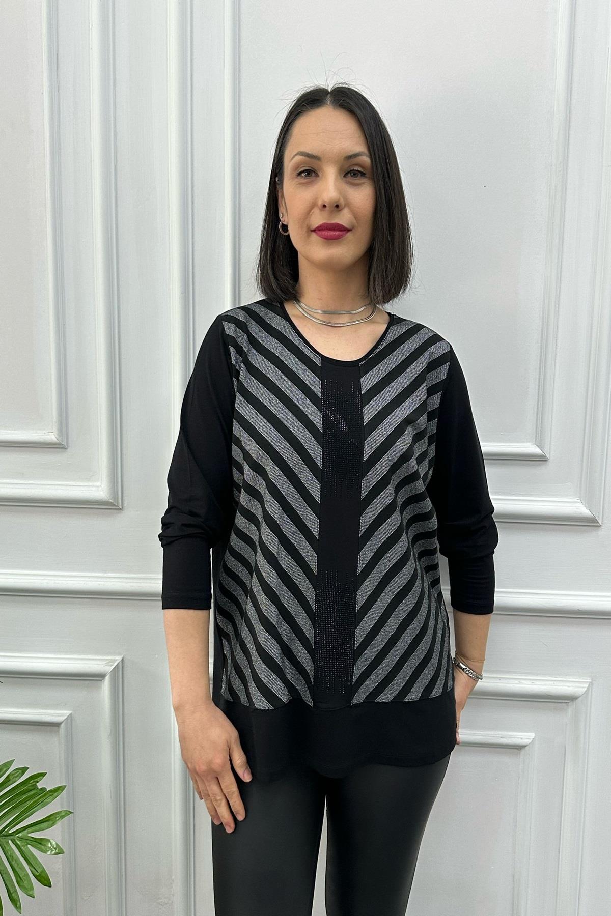 Büyük Beden Gri Simli Bluz