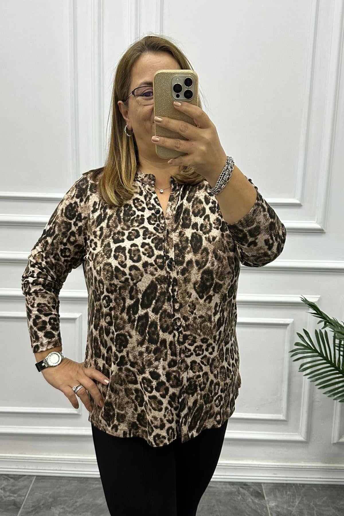 Büyük Beden Leopar Desenli Penye Gömlek