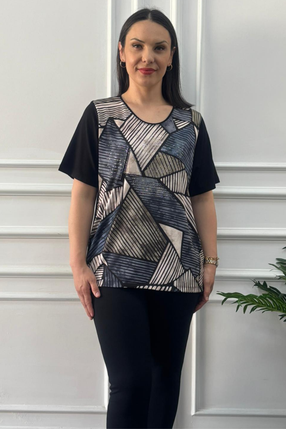 Büyük Beden Renkli Geometrik Desenli Bluz