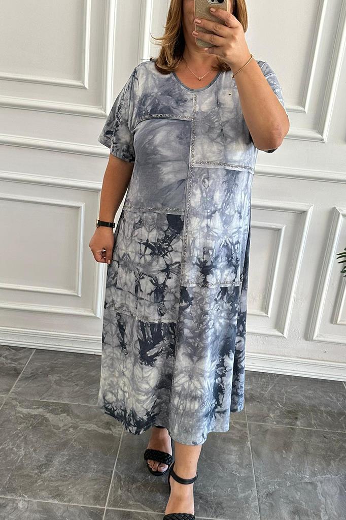 Büyük Beden Taş Detaylı Batik Gri Elbise