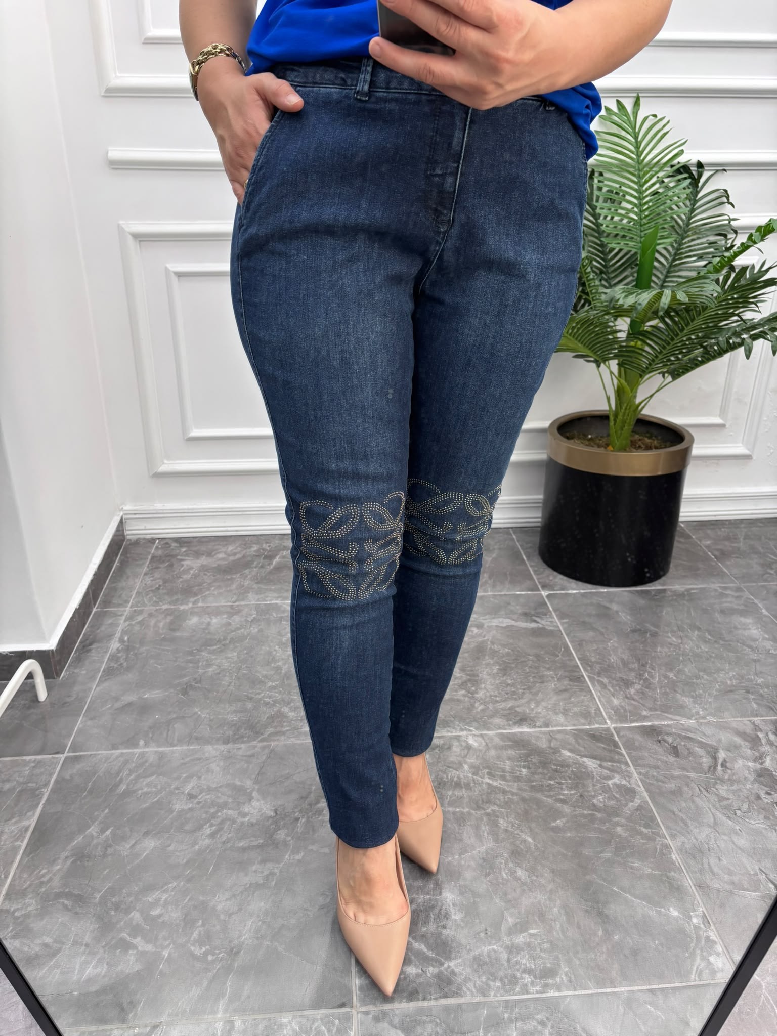 Büyük Beden Taşlı Dar Paça Denim Pantolon
