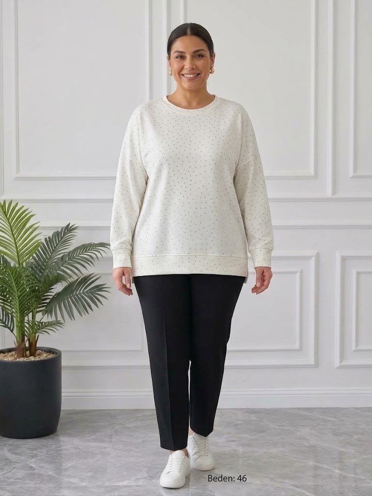 Full Taşlı Ekru Sweatshirt