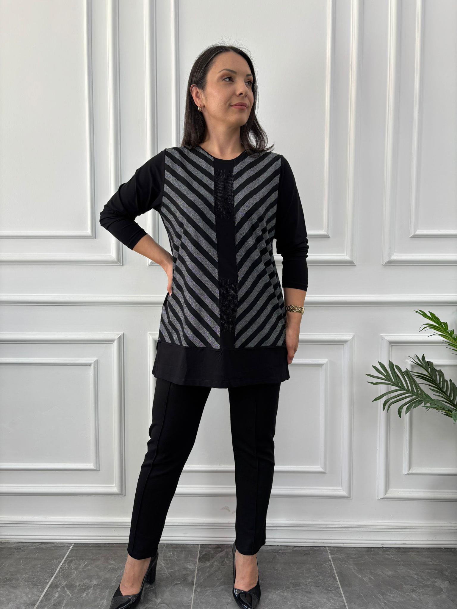 Gri Simli Çizgi Desenli Tunik