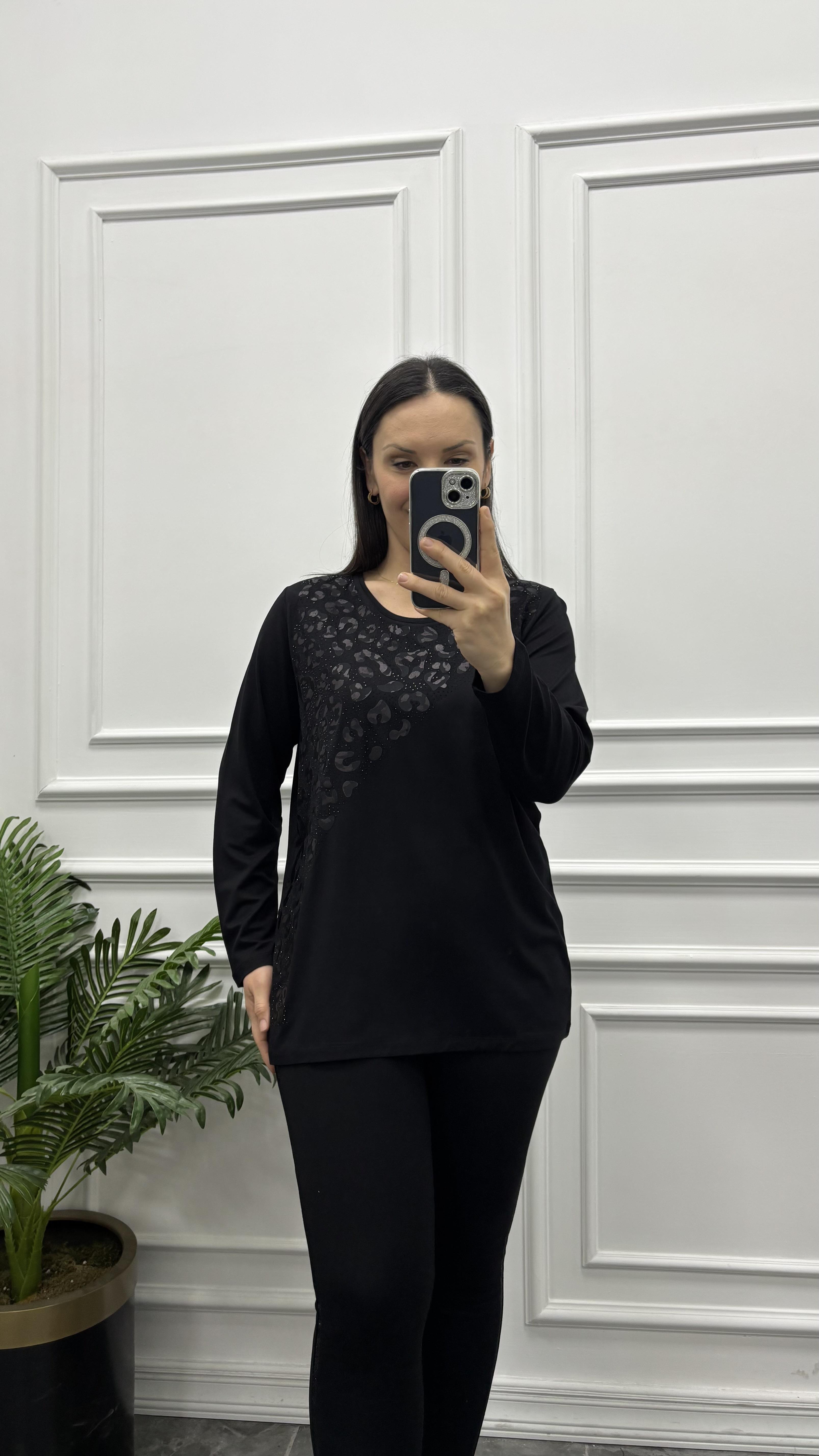 Luna Leopar Desen Taş Detaylı Bluz