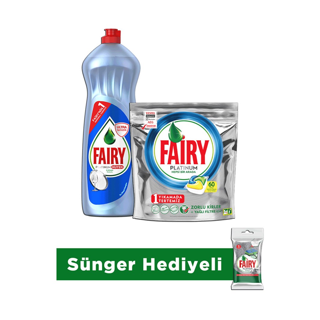 Fairy Platinum 60 Yıkama +Fairy Bulaşık Deterjanı 1000 ml+ Sünger