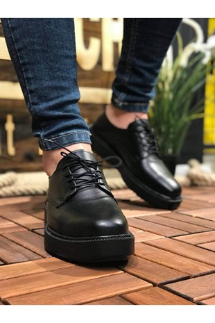 Lazy Shoes Bağcıklı Siyah Cilt Erkek Günlük Ayakkabı Chekich 01