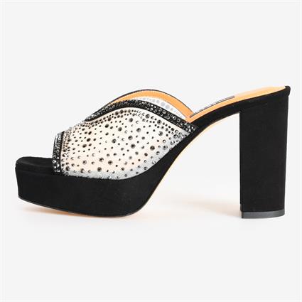 Siyah Süet File Taşlı Olatformlu Kadın Abiye Terlik