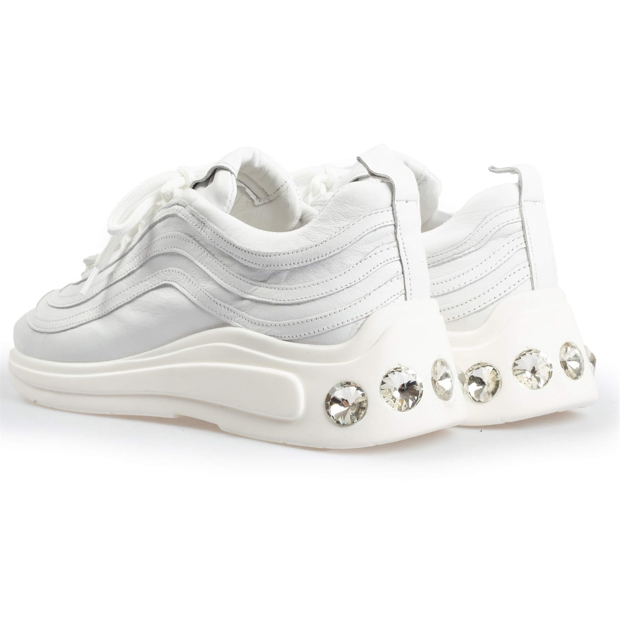 Beyaz Deri Taşlı Taban Detaylı Sneakers | Flower Ayakkabı