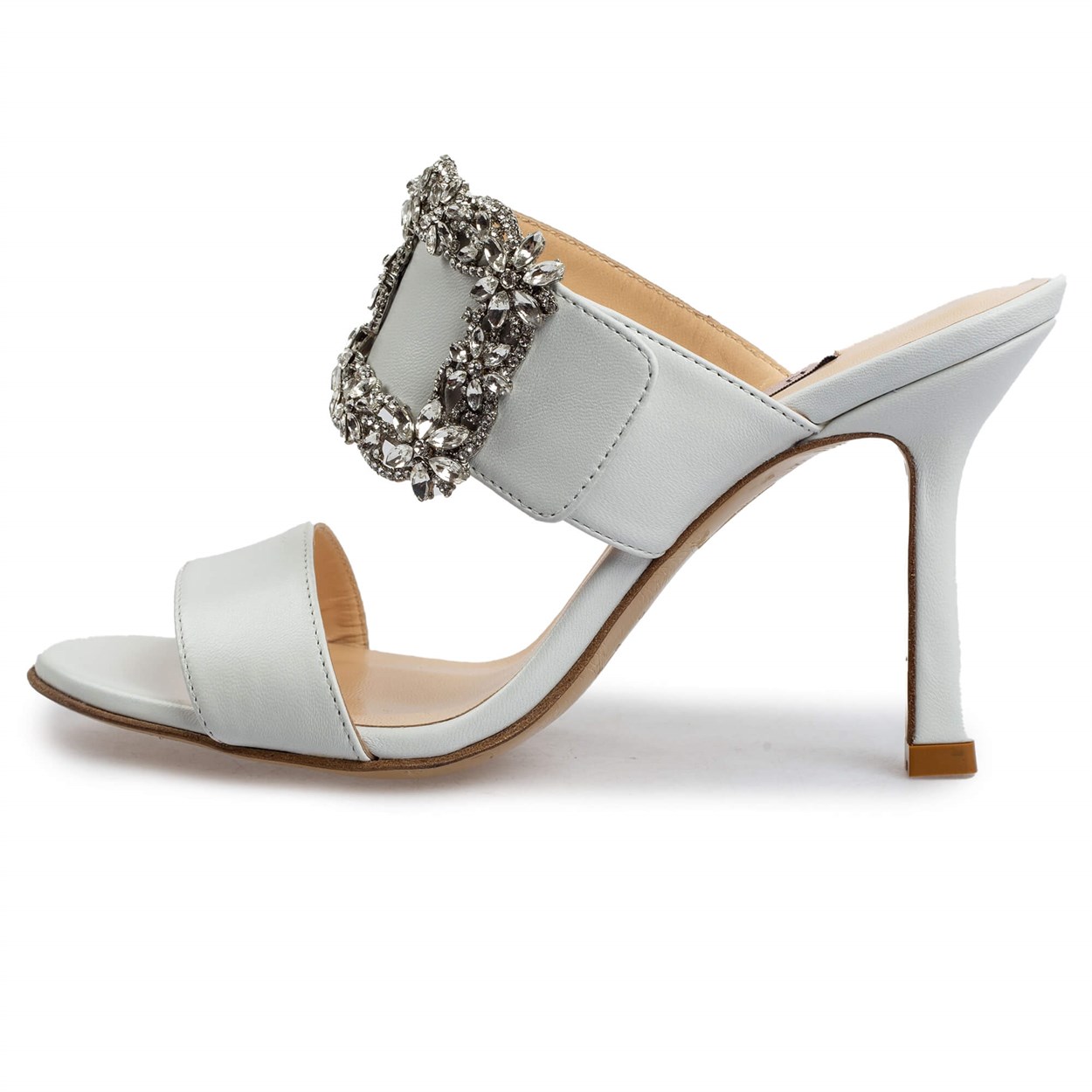 Beyaz Saten Taşlı Topuklu Terlik | Flower Ayakkabı