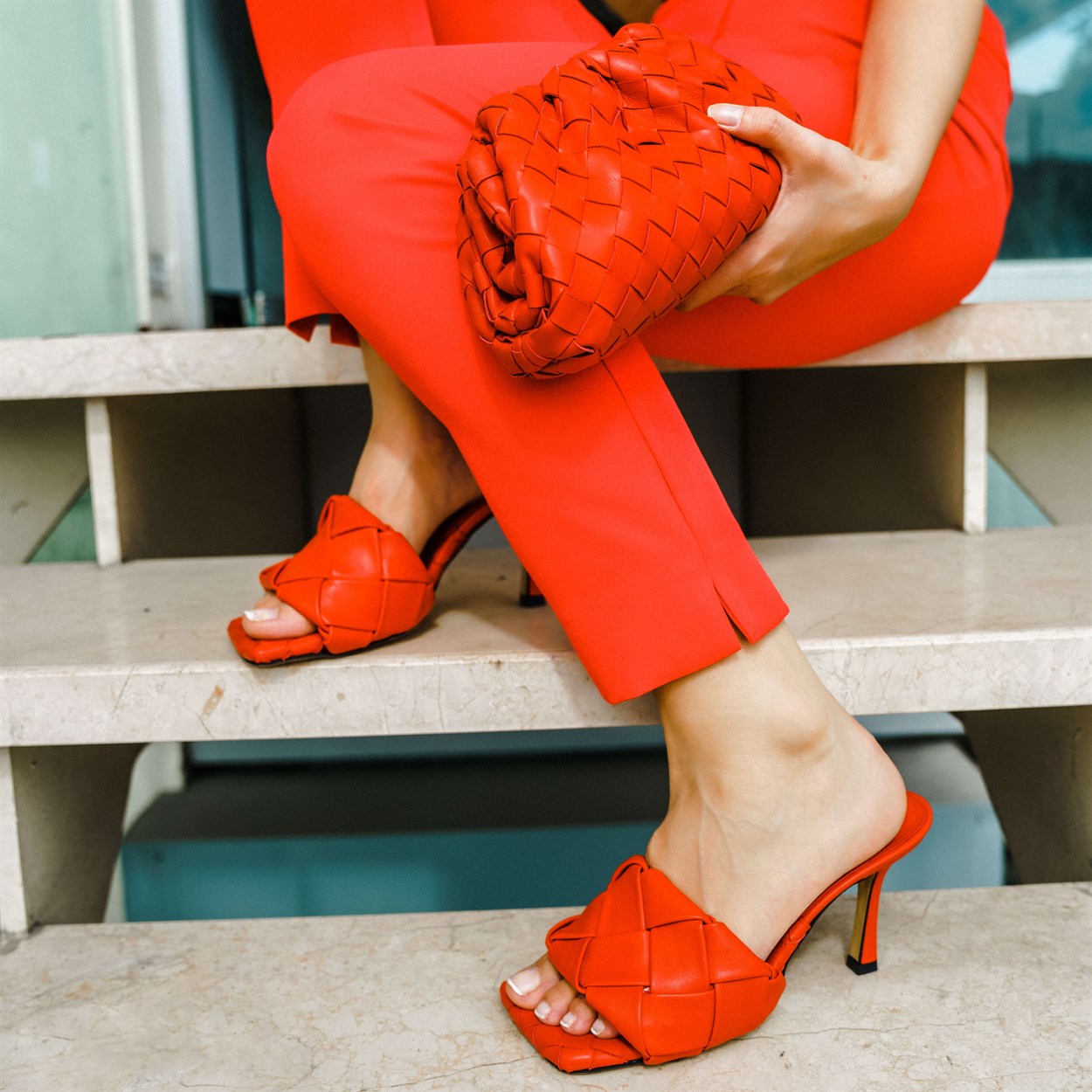 Kırmızı Örgü Topuklu Terlik | Flower Ayakkabı
