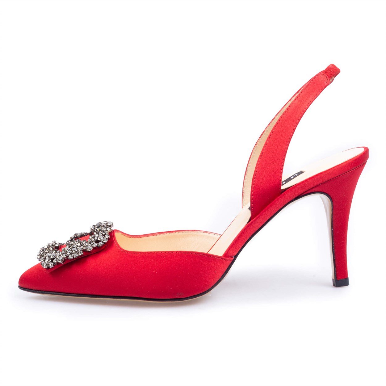 Kırmızı Saten Kare Tokalı Topuklu Sandalet | Flower Ayakkabı