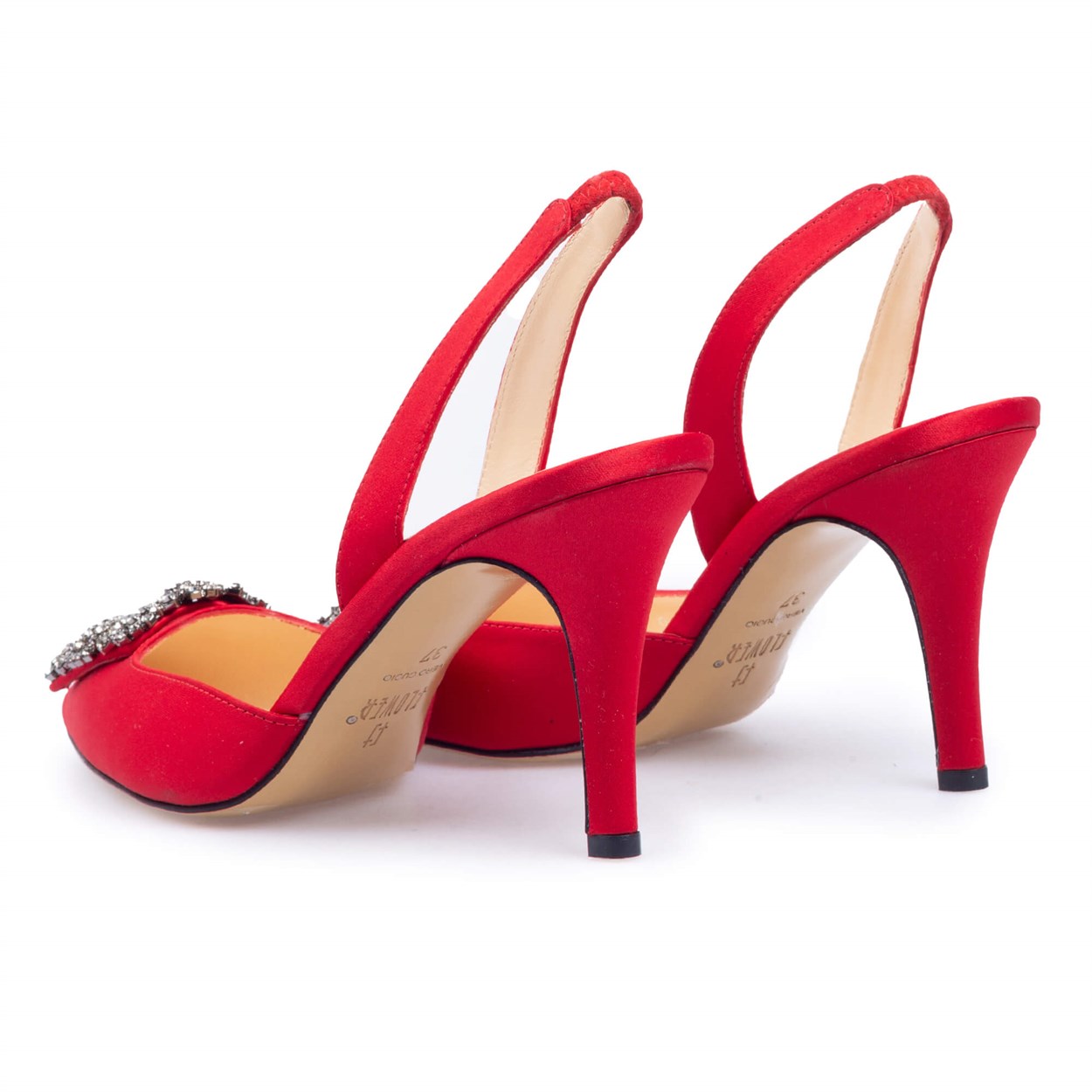 Kırmızı Saten Kare Tokalı Topuklu Ayakkabı | Flower Ayakkabı