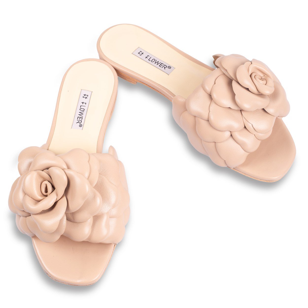Nude Deri Gül Detaylı Terlik | Flower Ayakkabı
