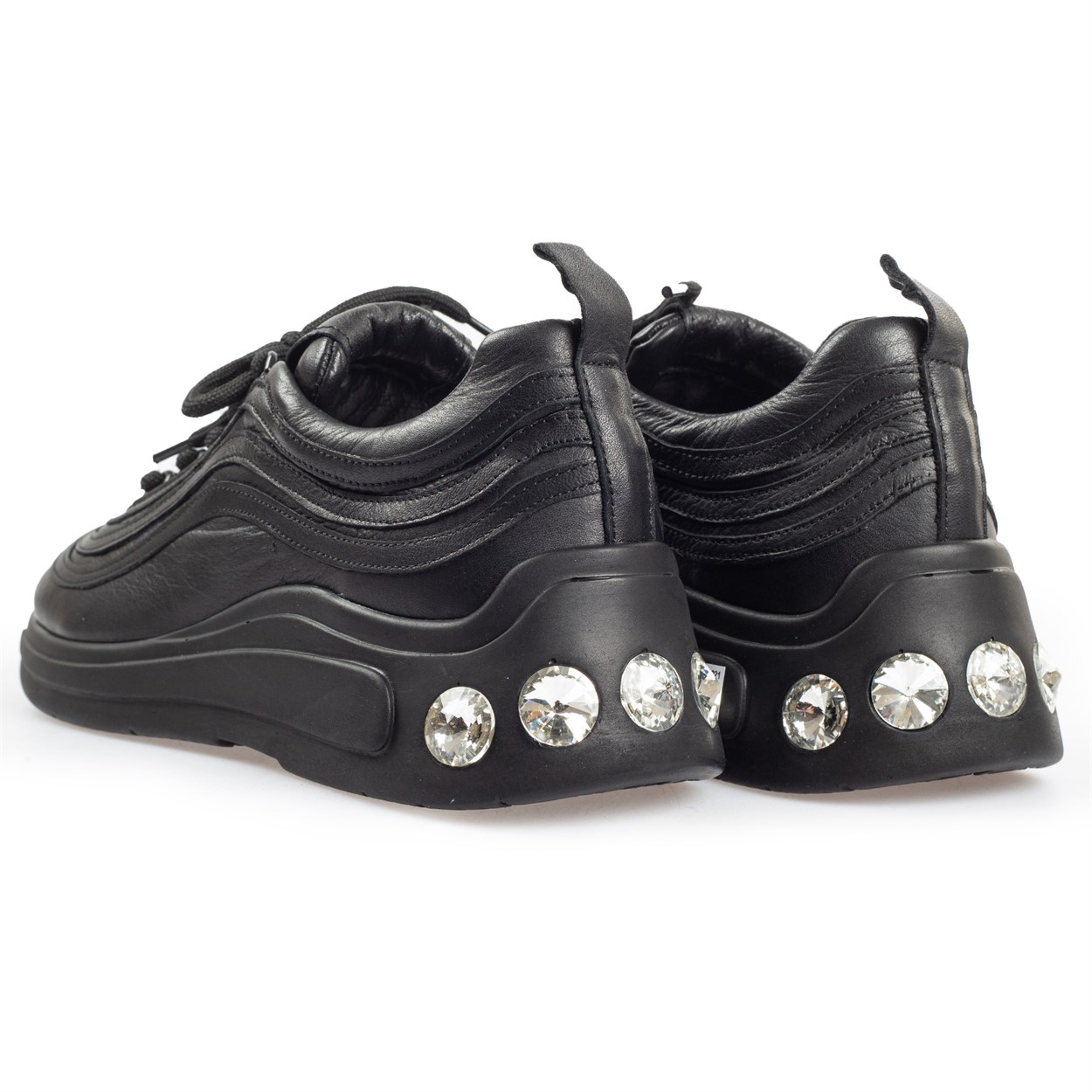 Siyah Deri Taşlı Taban Detaylı Sneakers | Flower Ayakkabı