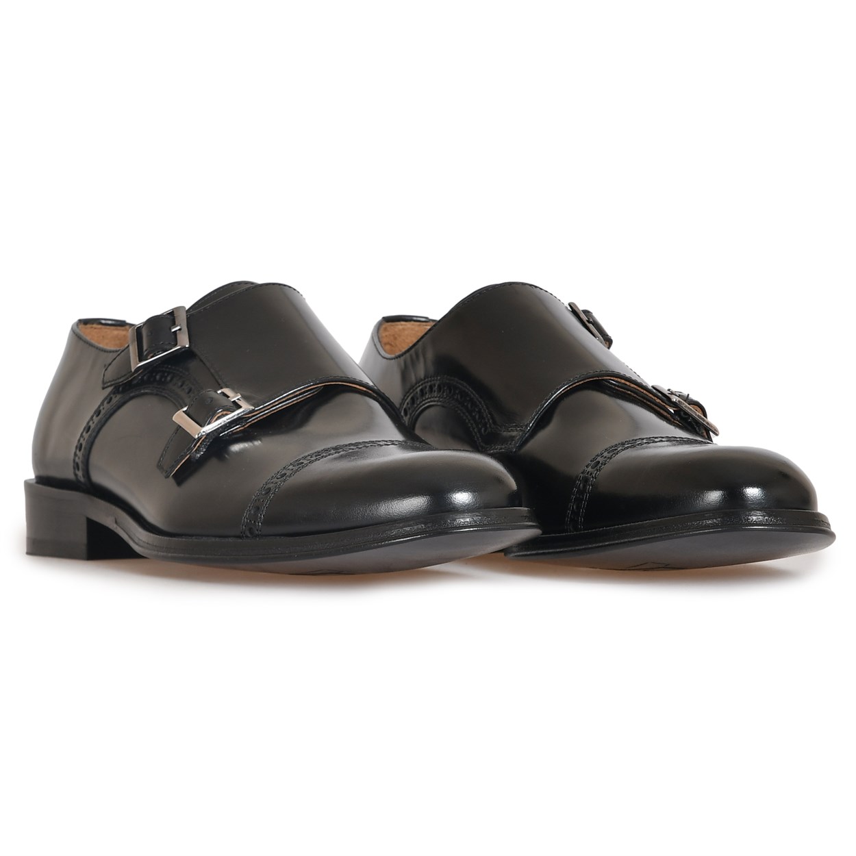 Siyah Deri Çift Kemerli Erkek Klasik Ayakkabı | Flower Ayakkabı
