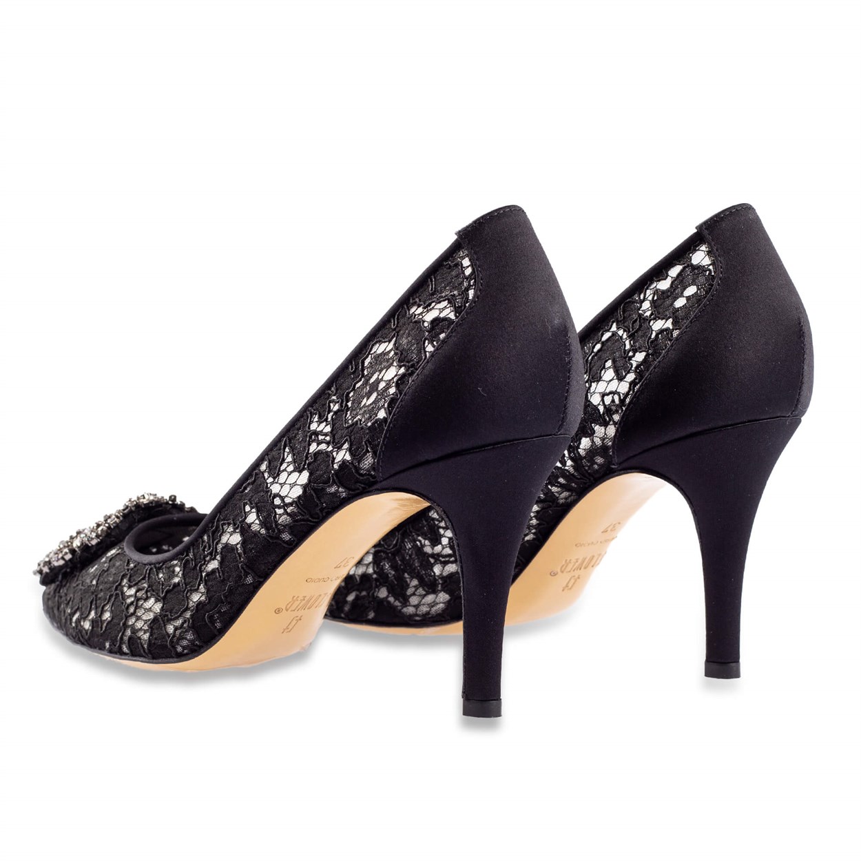 Siyah Dantel Kare Tokalı Stiletto | Flower Ayakkabı