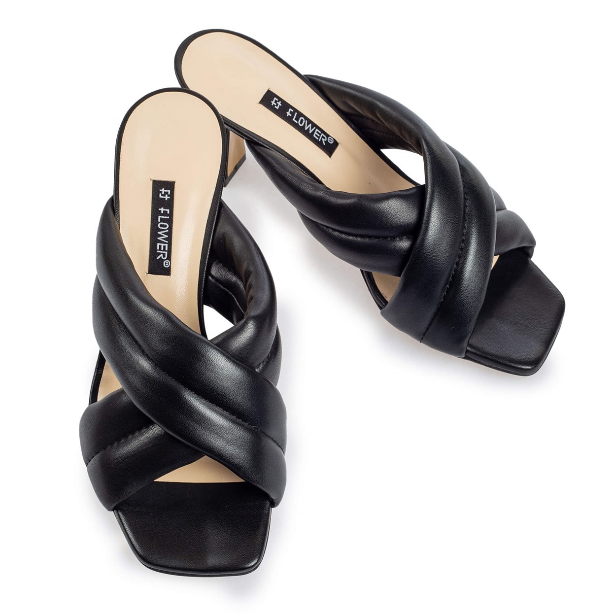 Siyah Deri Çapraz Bantlı Topuklu Terlik | Flower Ayakkabı