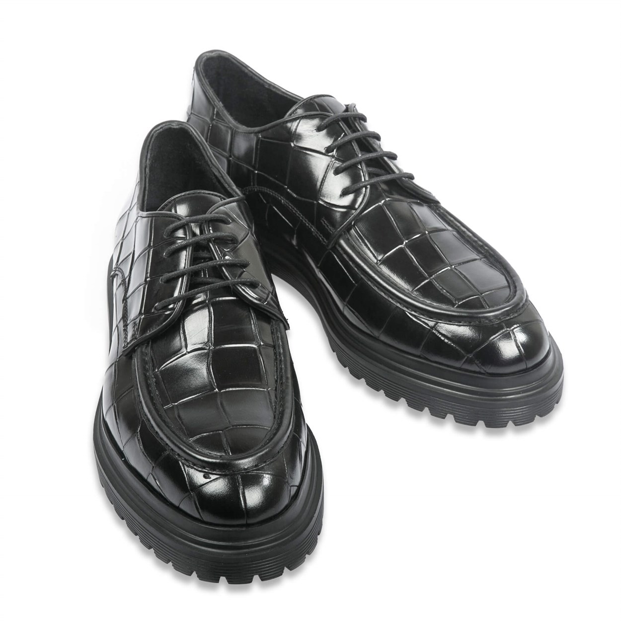 Siyah Kroko Deri Bağcıklı Erkek Ayakkabı | Flower Ayakkabı