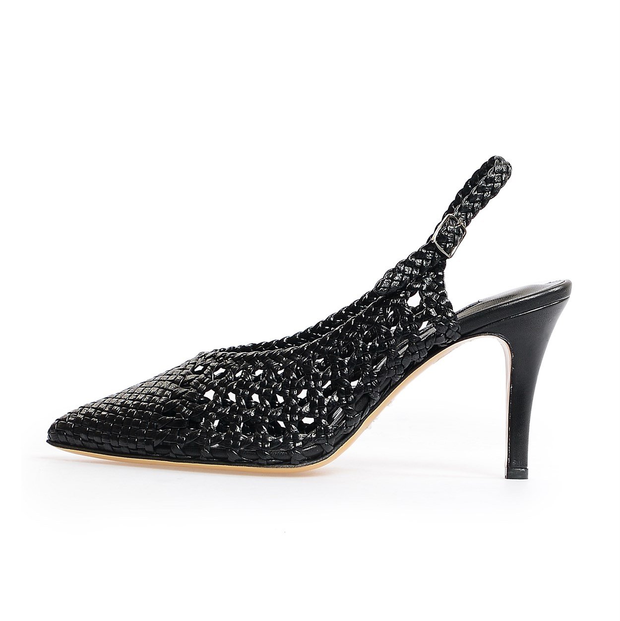 Siyah Deri Örgü Topuklu Sandalet | Flower Ayakkabı
