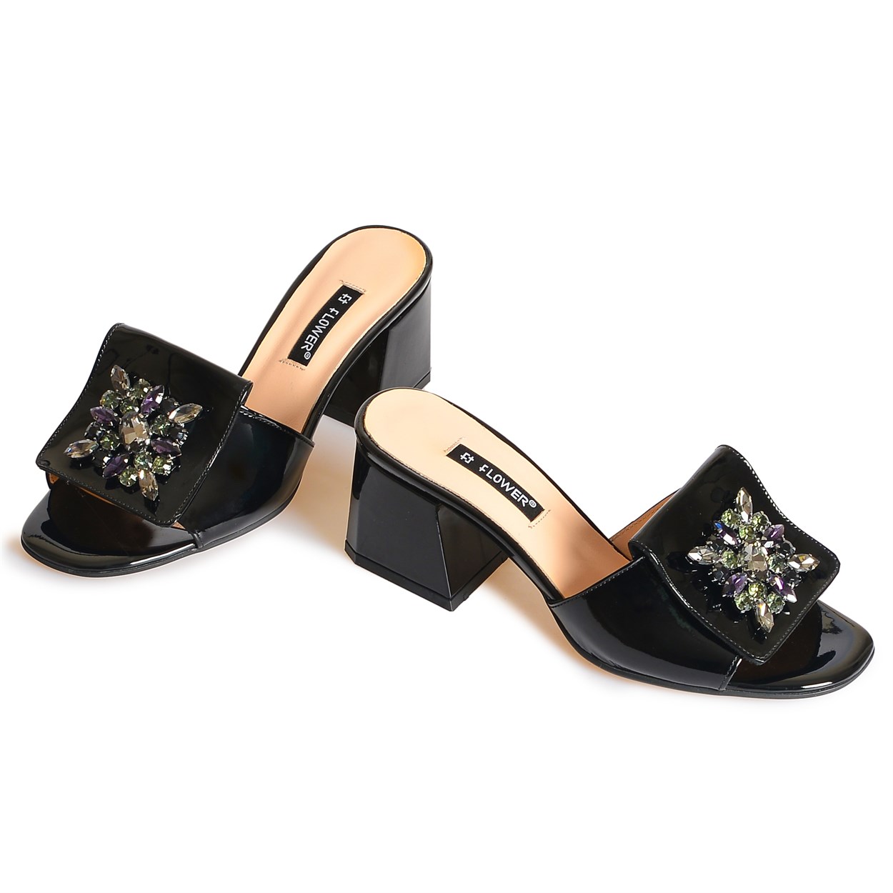 Siyah Rugan Taşlı Kadın Topuklu Terlik | Flower Ayakkabı