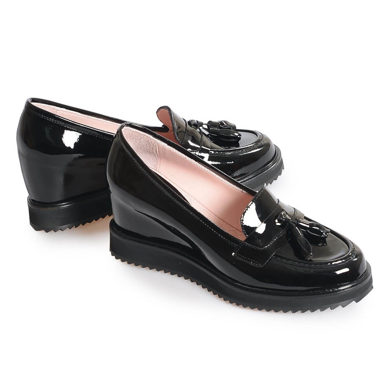 Siyah Rugan Püsküllü Dolgu Topuk Ayakkabı | Flower Ayakkabı