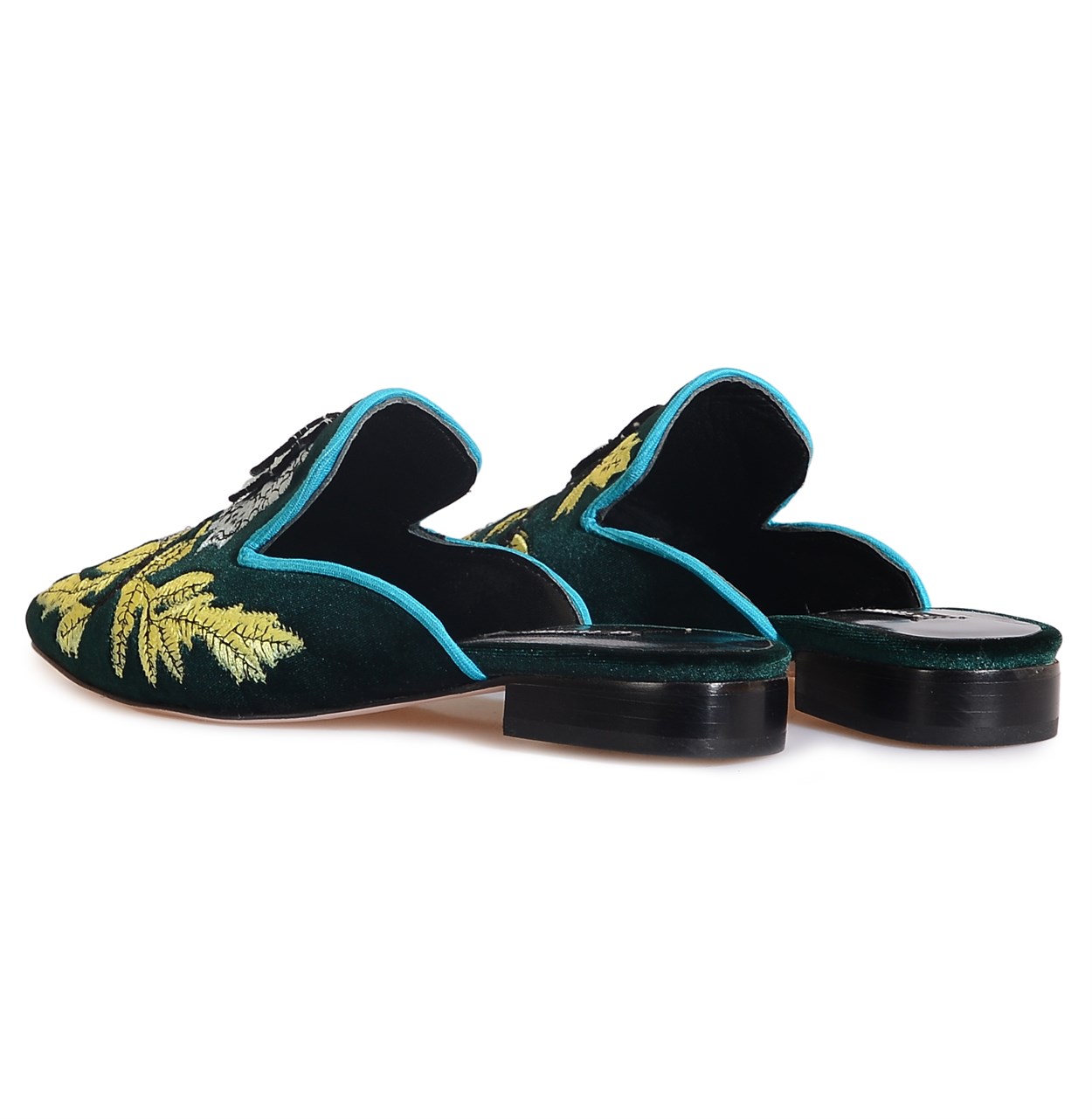 Yeşil Kadife Nakışlı Kadın Terlik | Flower Ayakkabı