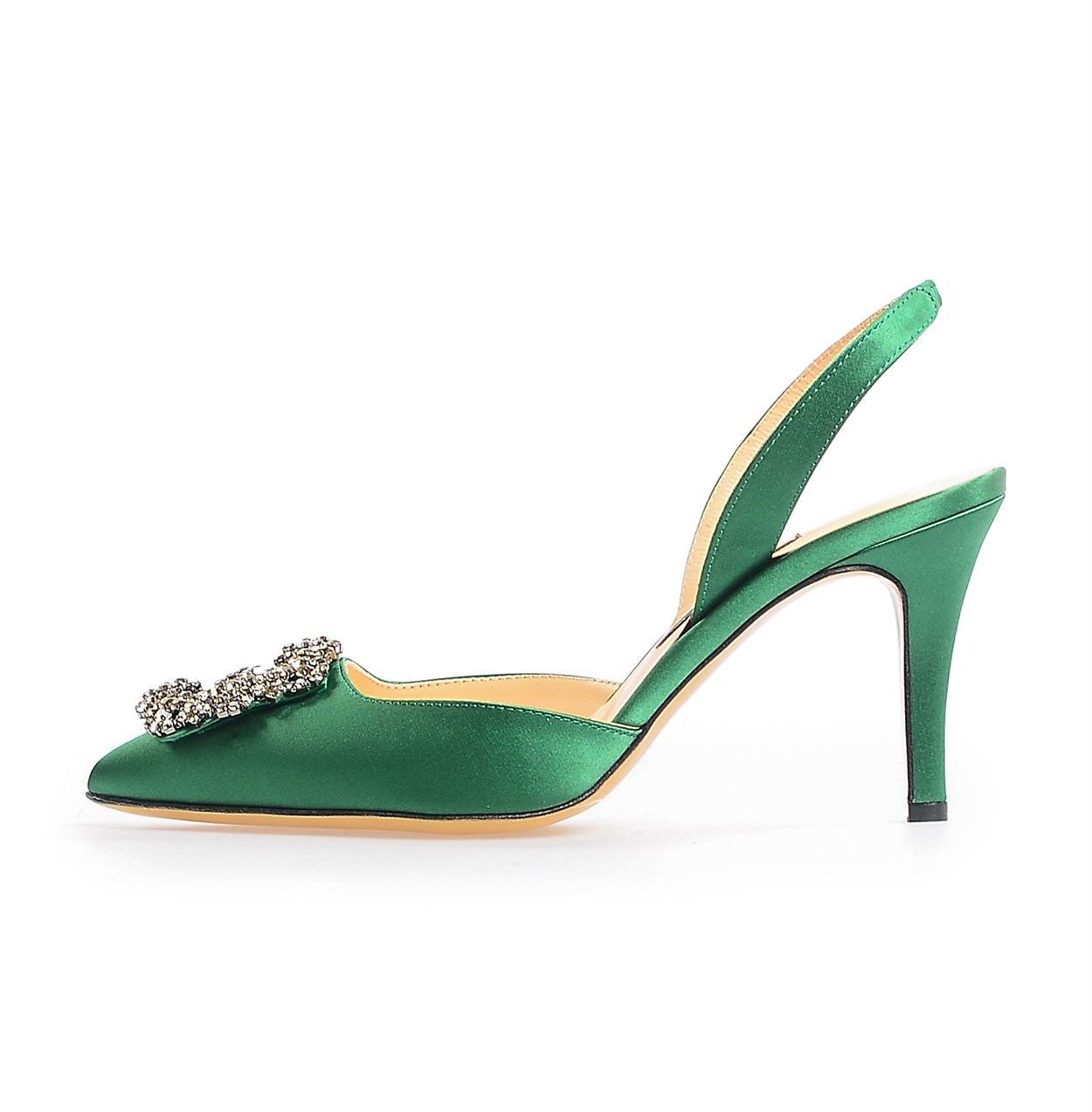 Yeşil Saten Kare Tokalı Topuklu Ayakkabı | Flower Ayakkabı