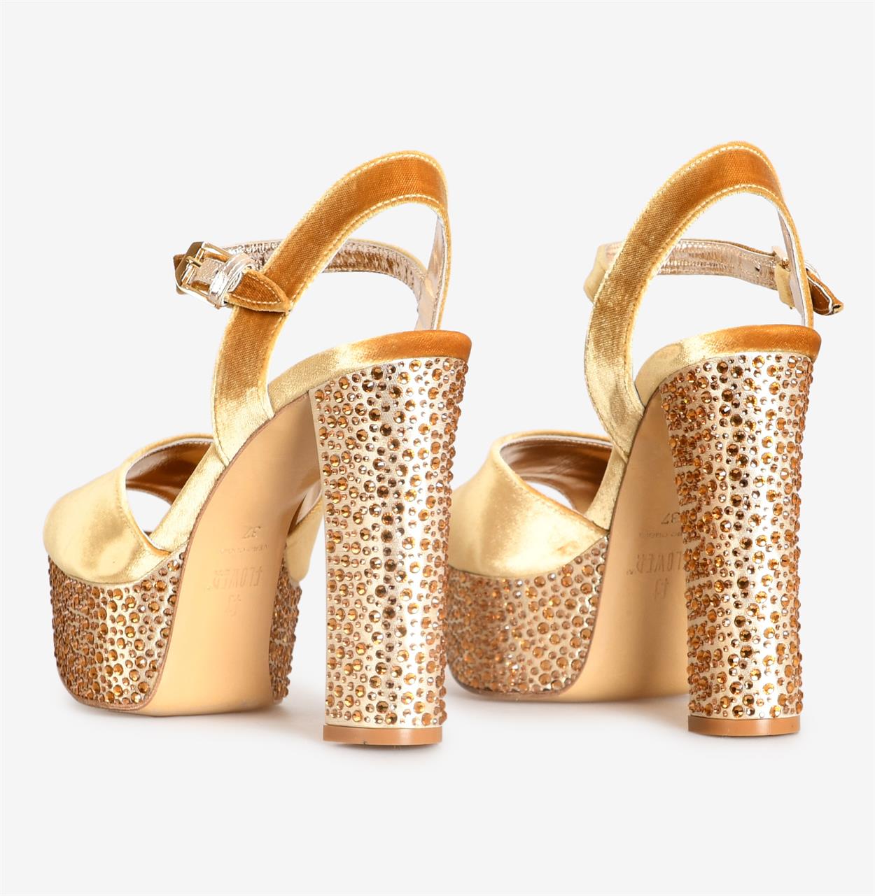 Flower Ayakkabı | Altın Sarı Kadife Taşlı Platformlu Abiye Ayakkabı