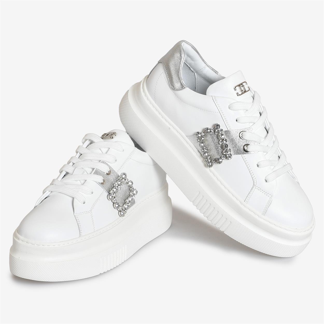 Flower Ayakkabı | Beyaz Deri Taşlı Kadın Sneaker
