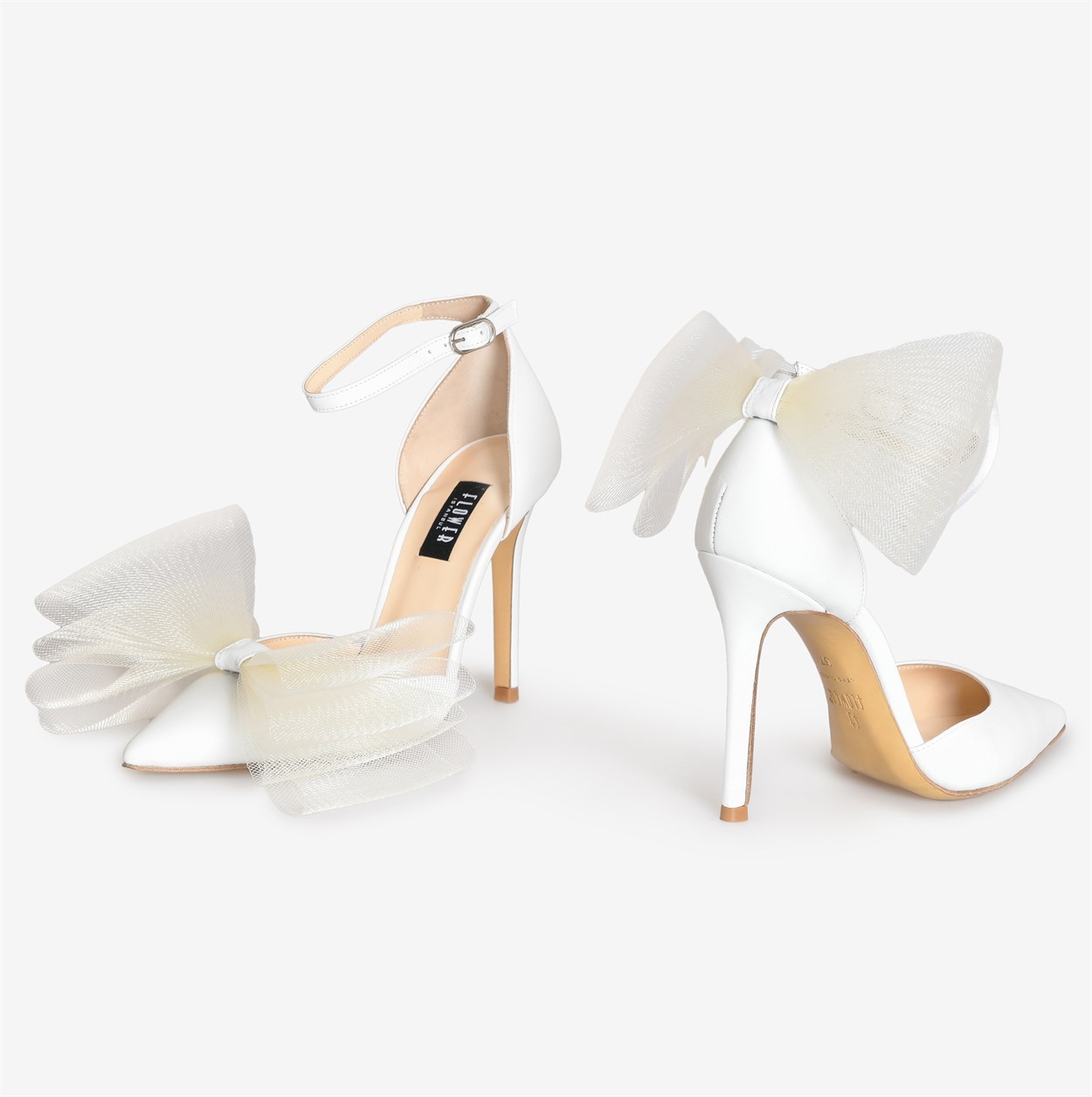 Flower Ayakkabı | Beyaz File Fiyonklu Deri Kadın Abiye Ayakkabı