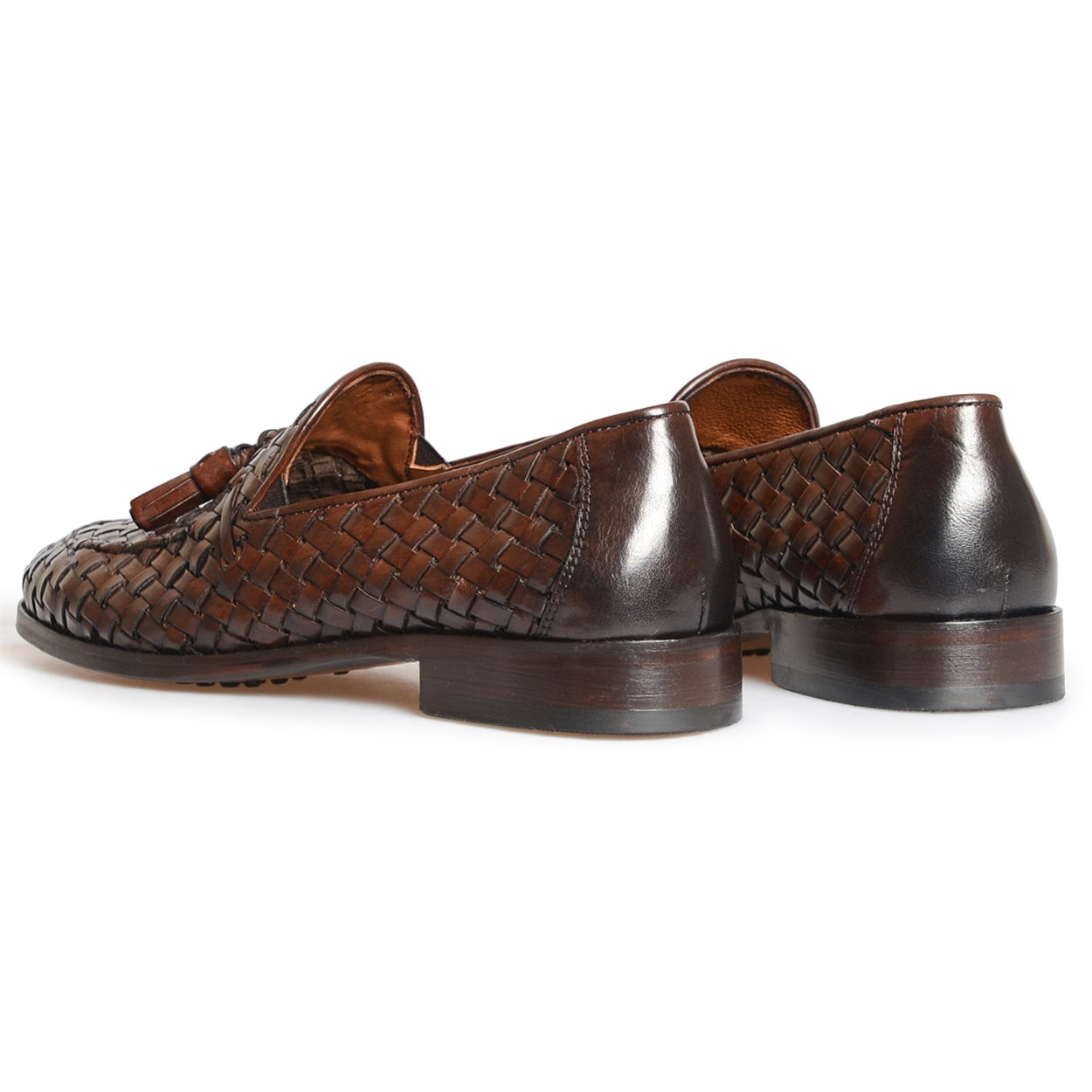 Kahverengi Deri Örgü Desen Klasik Ayakkabı | Flower Ayakkabı