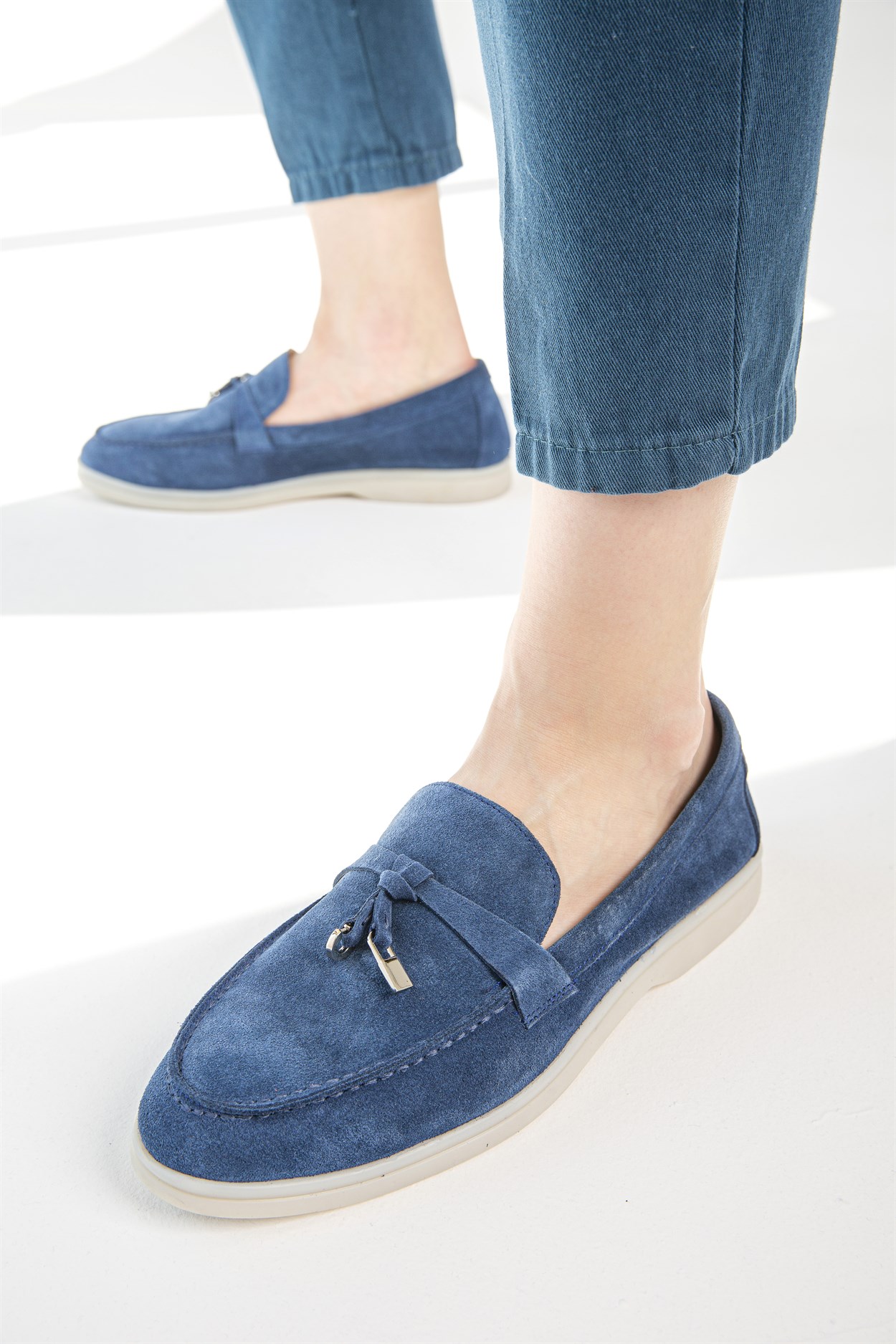 Mavi Süet Kadın Loafer Ayakkabı | Flower Ayakkabı