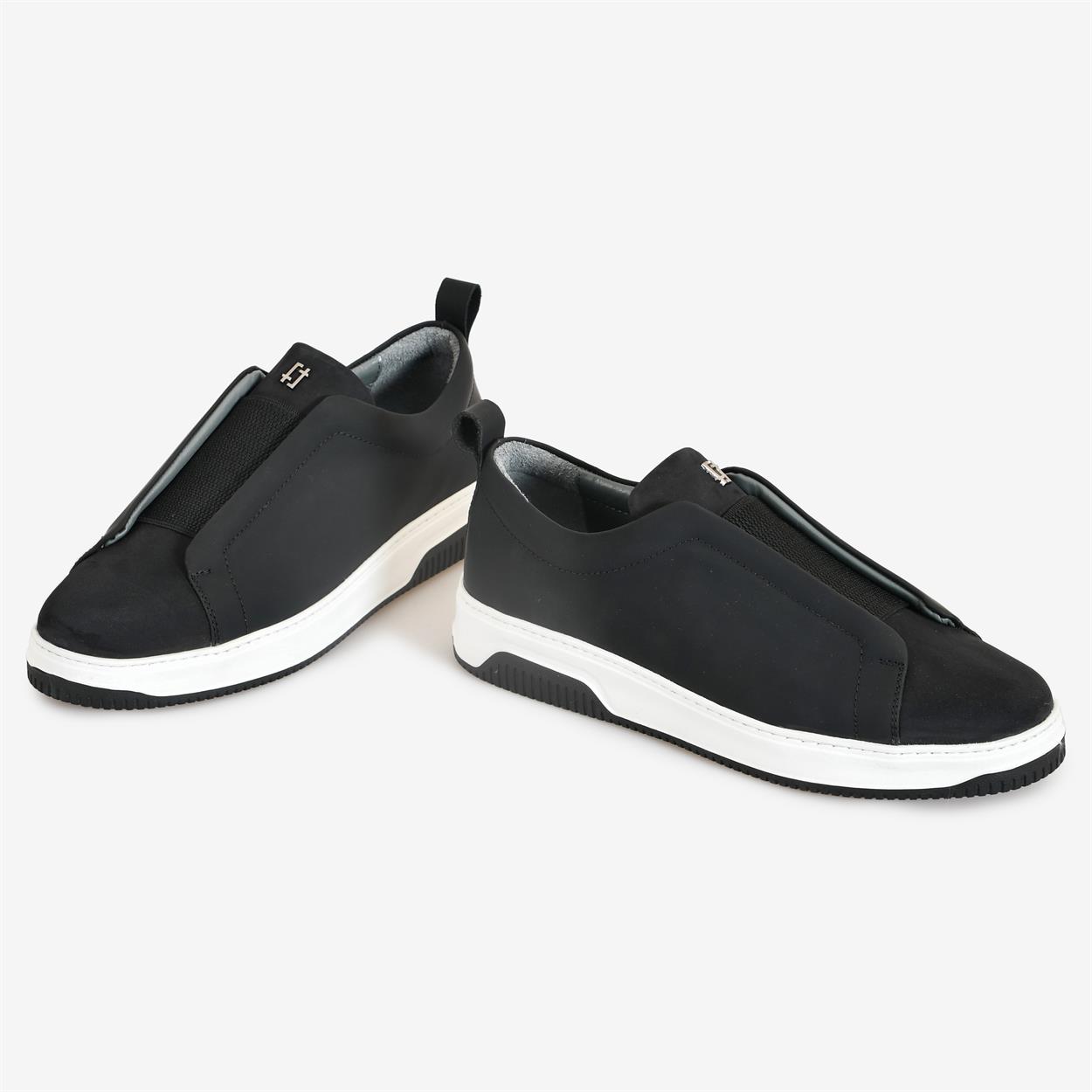 Siyah Bağcıksız Deri Erkek Sneaker | Flower Ayakkabı
