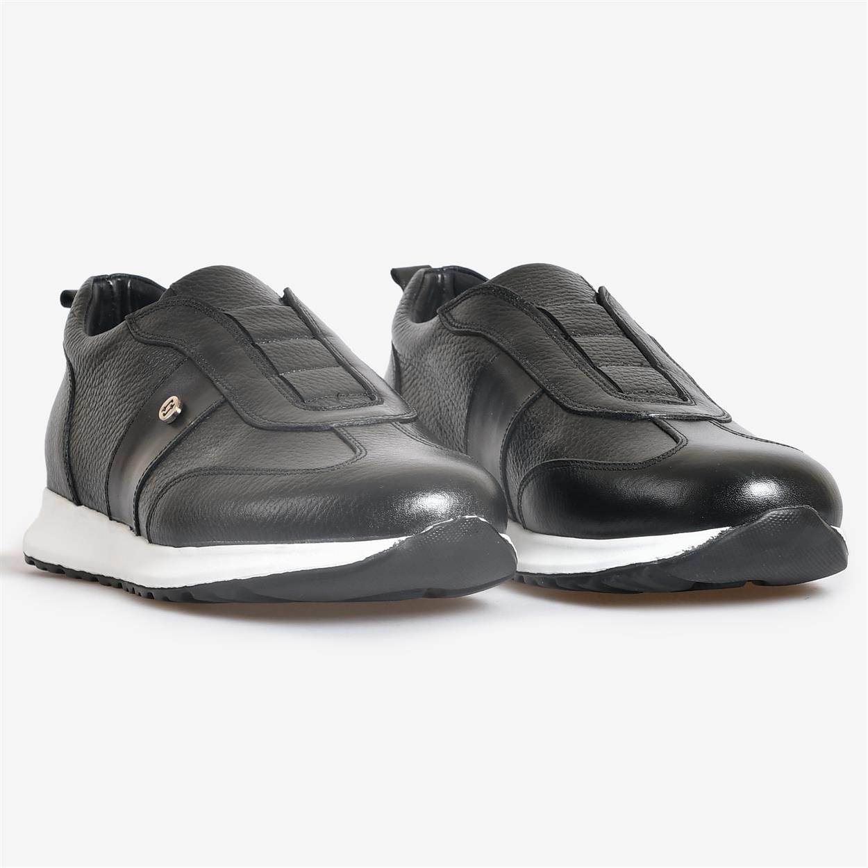 Siyah Deri Bağcıksız Erkek Spor Ayakkabı | Flower Ayakkabı