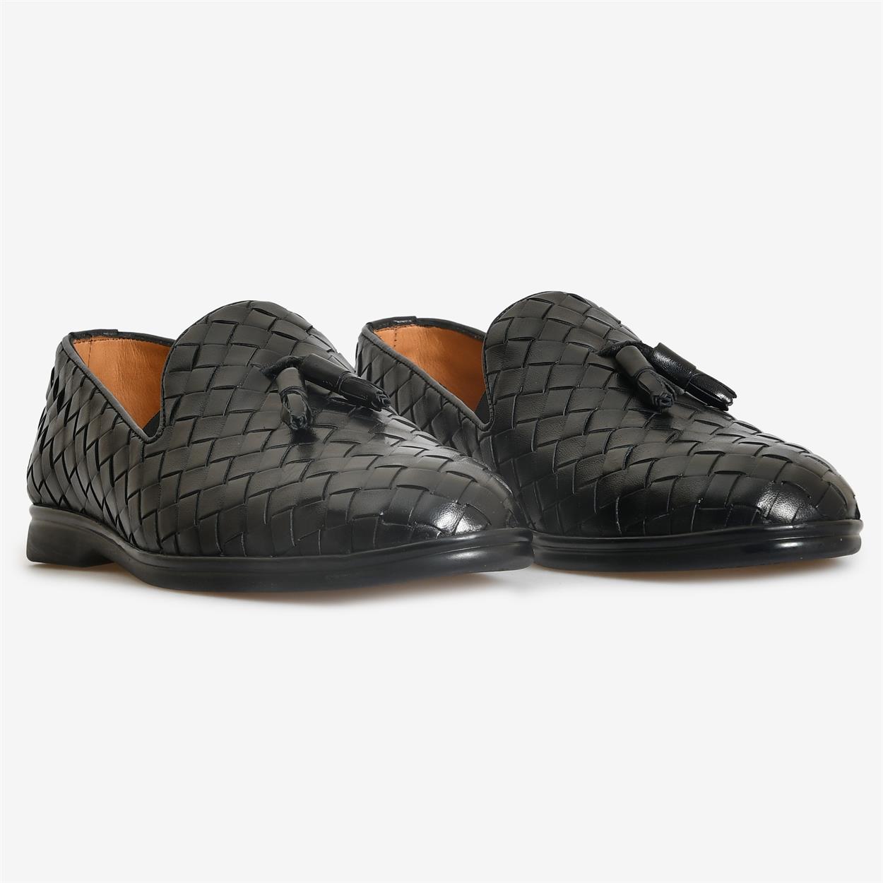 Flower Ayakkabı | Siyah Deri Püsküllü Örgü Erkek Klasik Ayakkabı