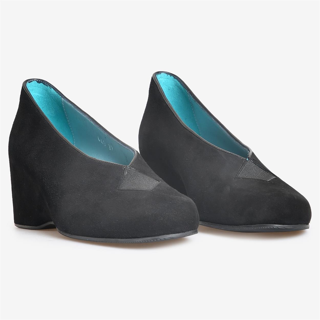 Flower Ayakkabı | Siyah Süet Kadın Dolgu Topuk Ayakkabı