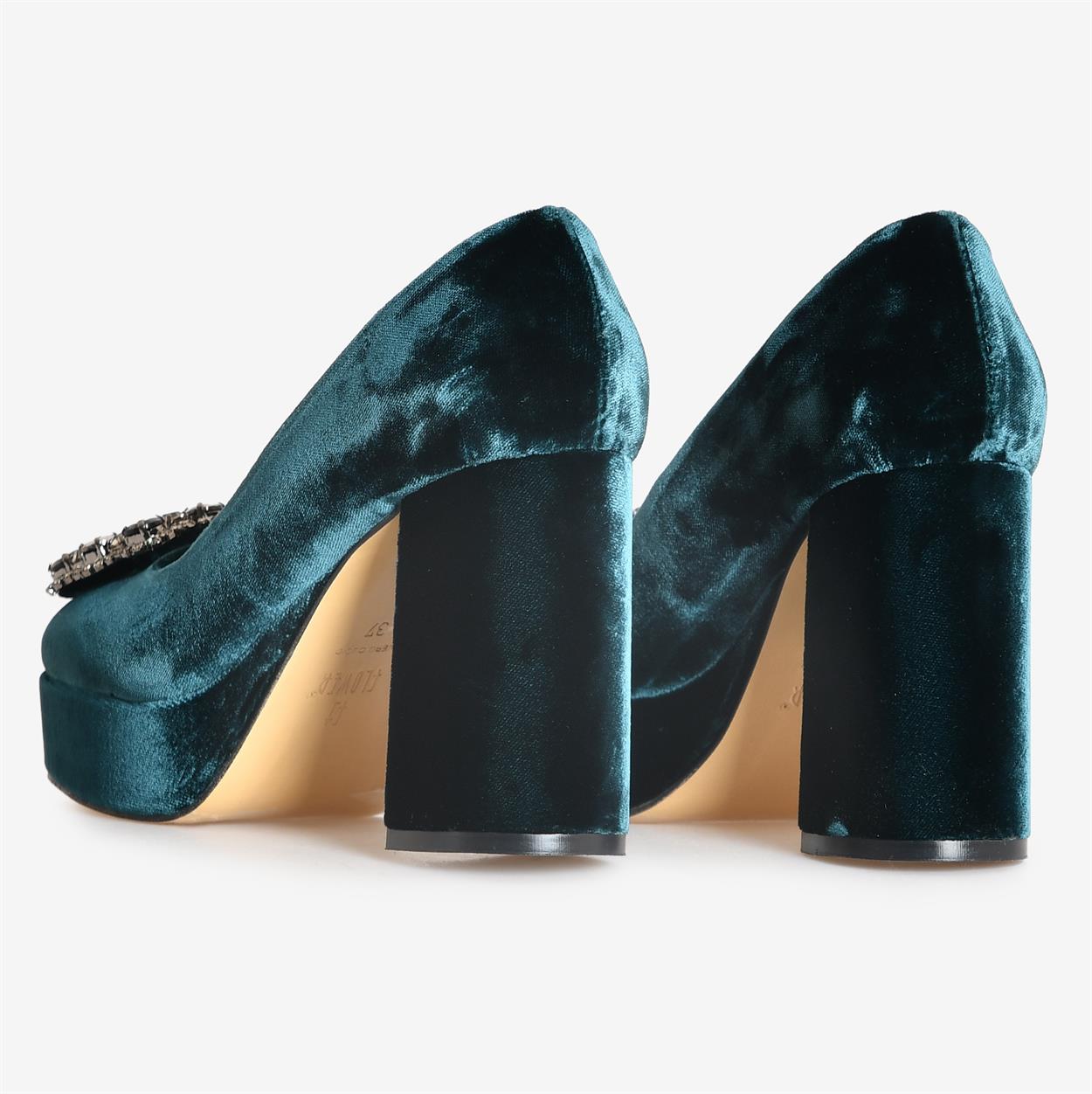 Flower Ayakkabı | Yeşil Kadife Taşlı Kadın Abiye Ayakkabı