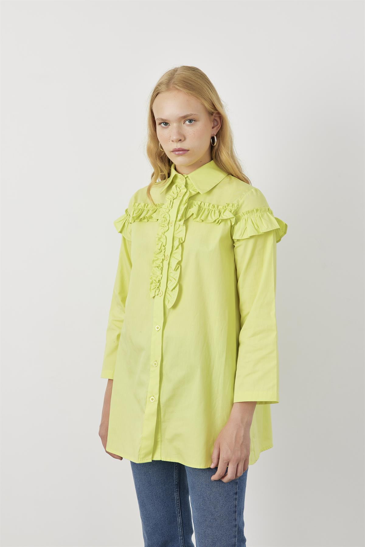 Farbalalı Geniş Kollu Kadın Gömlek Açık Yeşil - FAHHAR